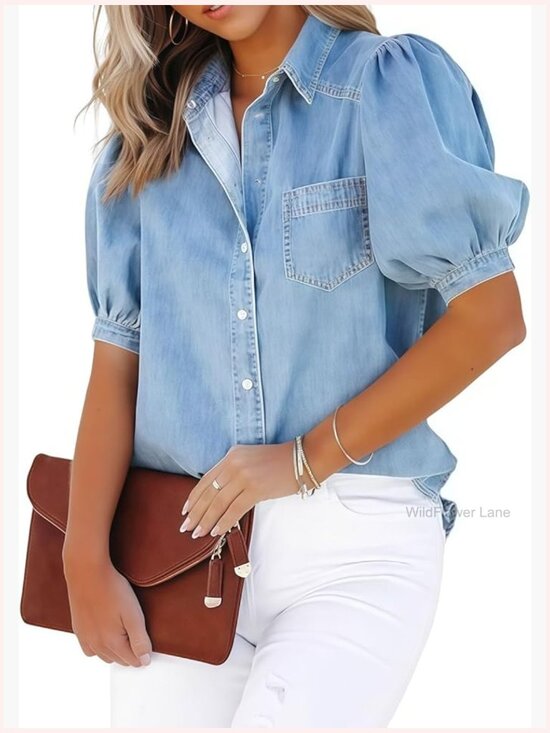 Tops - Faux Denim Long Sleeve Button Down Shirt Puff Sleeve Blouse